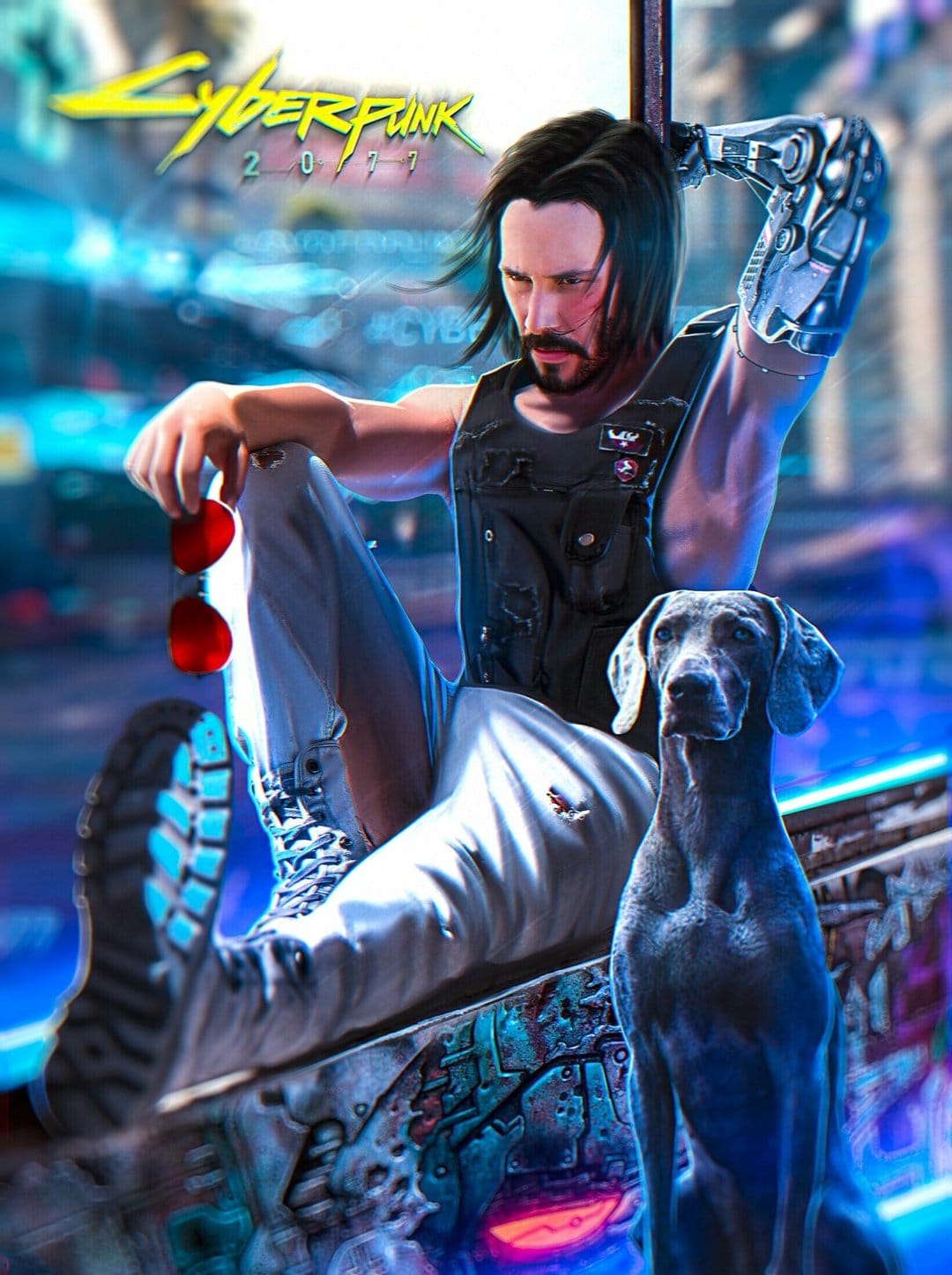 Johnny Silverhand with a bionic arm sits beside a dog against a neon-lit futuristic city backdrop at night.