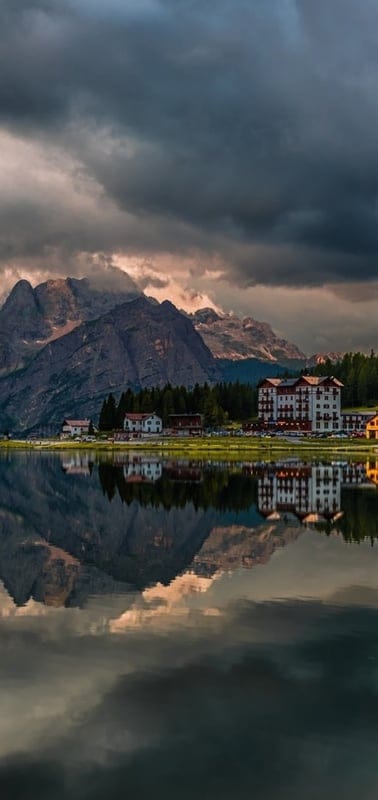 Lake Misurina, Dolomites, nature, landscape, peaceful, serene, tranquil, beautiful, outdoor, reflections, mountains, hotel, buildings, clouds, sky, majestic, symmetrical, tranquil scene, Italy, serene vista