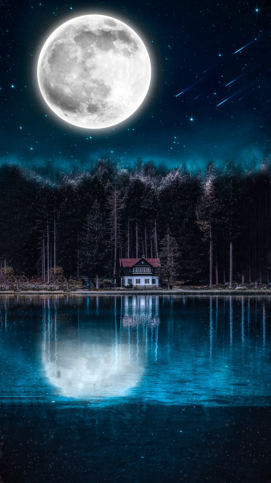 Solitary cabin by a reflective lake under a full moon and shooting stars within a dark evergreen forest.