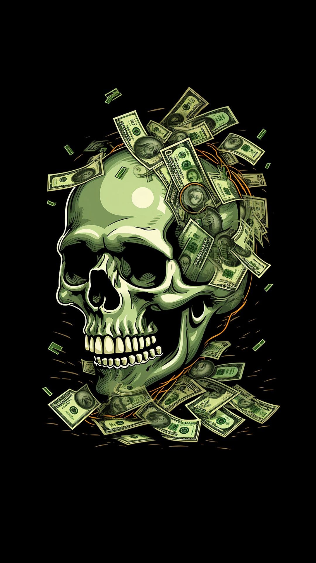 Human skull filled with green US dollar bills that float and scatter against a solid black background.