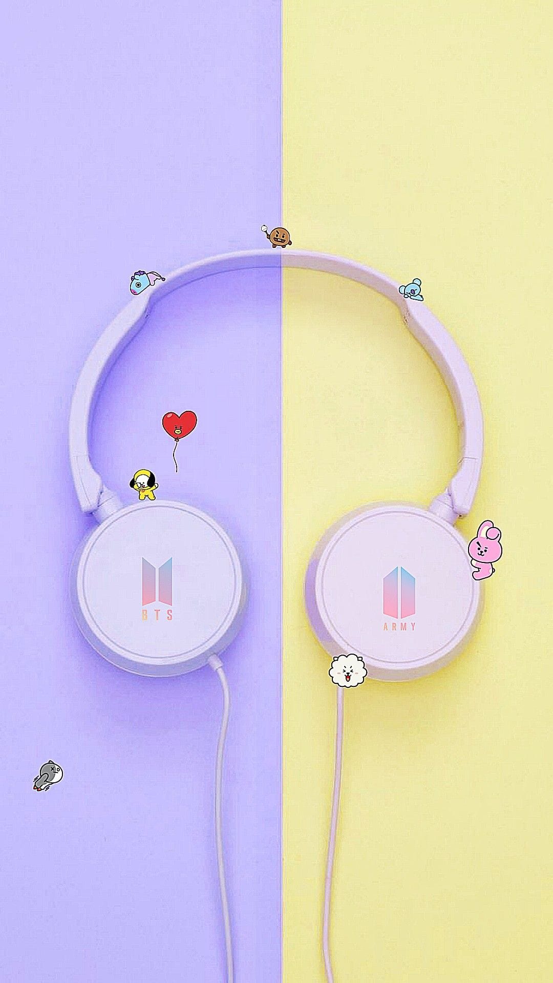 Lavender headphones with BTS and ARMY logos surrounded by tiny cartoon characters on a purple and yellow background.