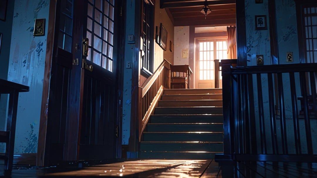 Dark wooden Victorian staircase leading to a sunlit door, casting long shadows in a dusty, eerie interior.