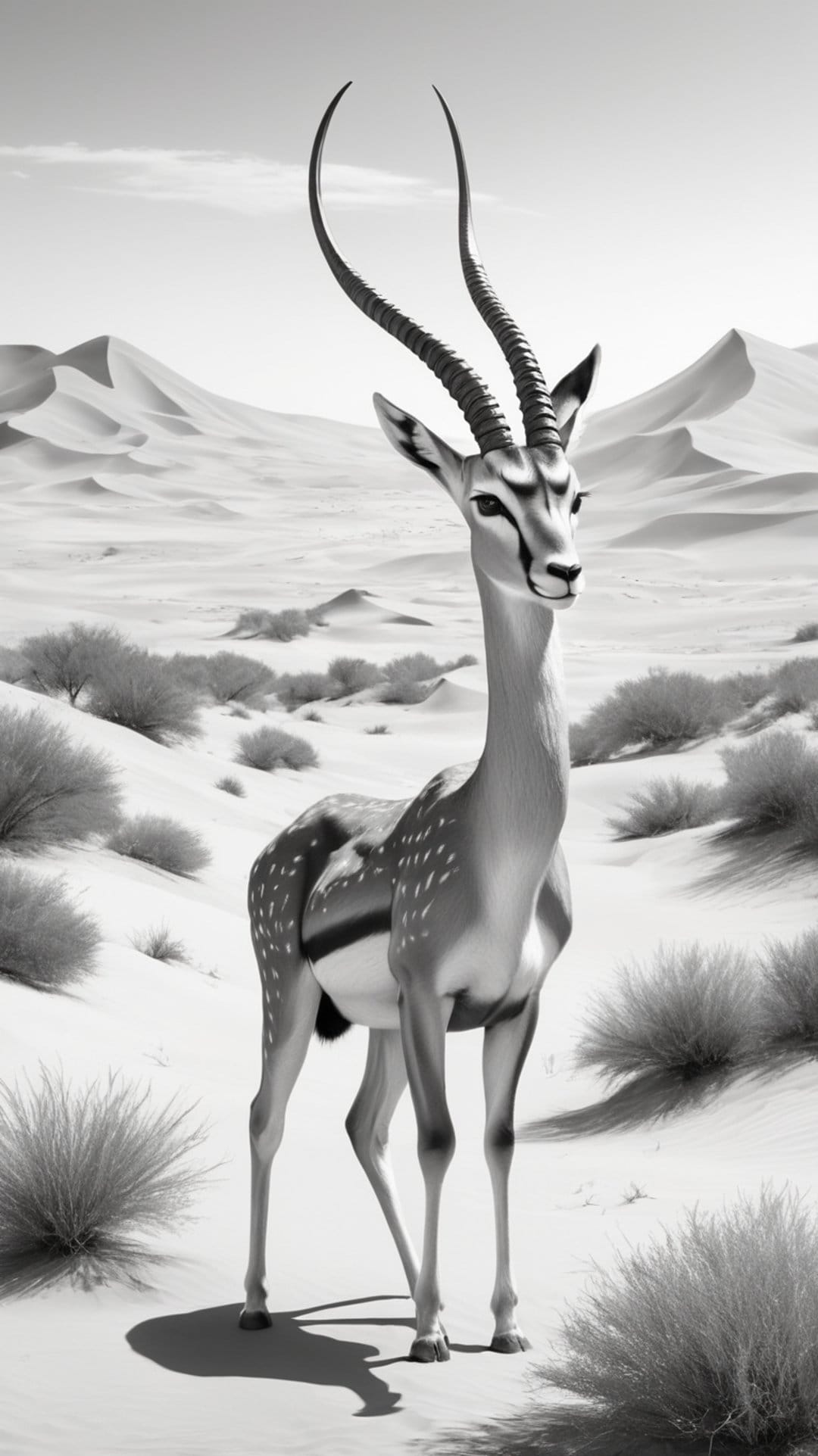Gazelle with long spiraling horns stands on sandy dunes in a monochrome landscape under a bright desert sun.