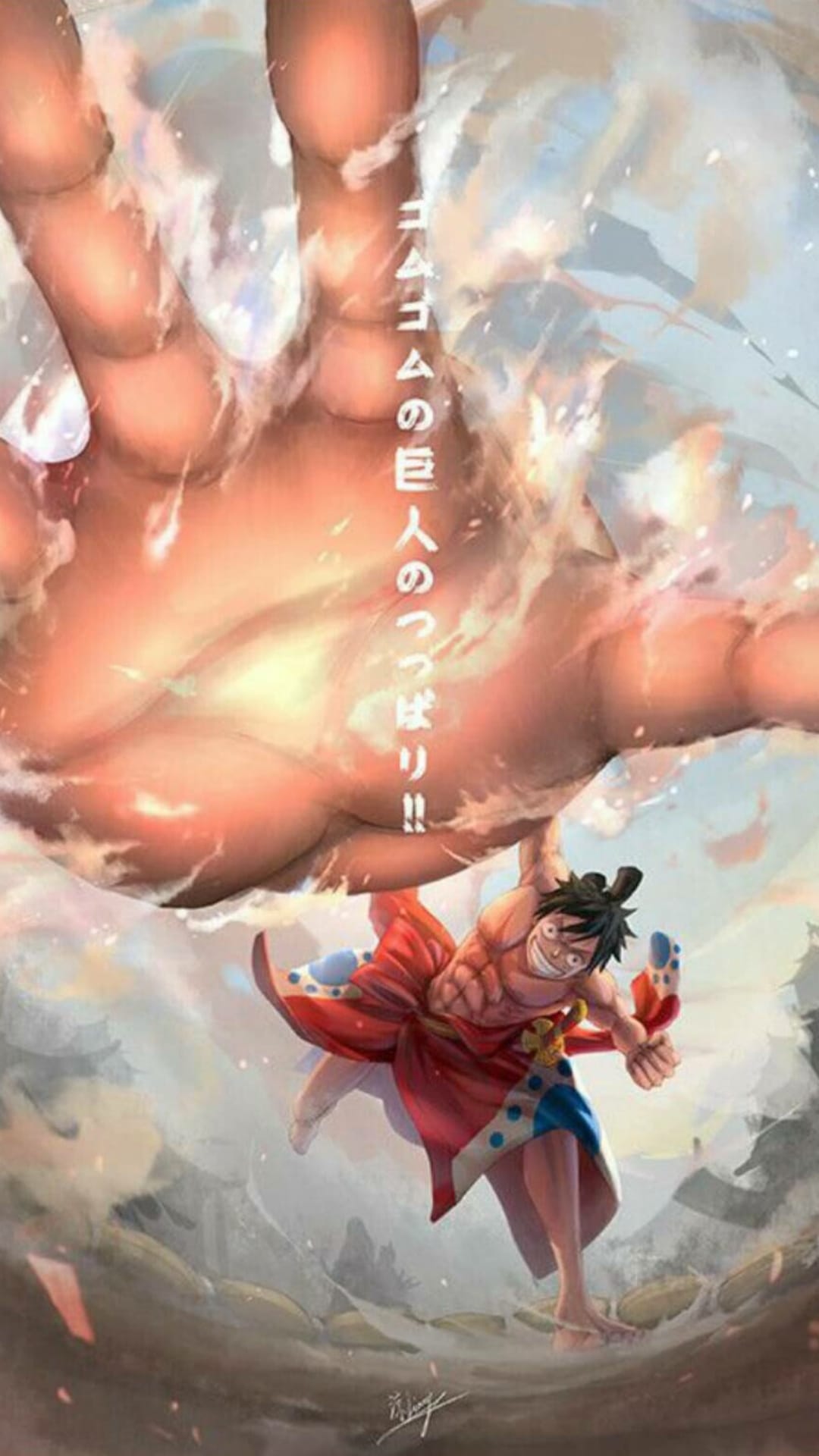 Monkey D. Luffy faces a towering skinless titan amidst swirling storm clouds in a dynamic battle pose.