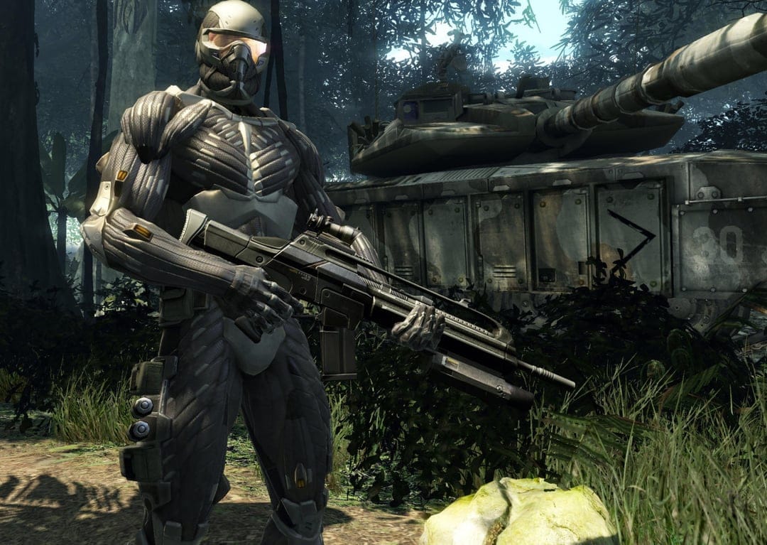Nanosuit soldier holding an assault rifle in a lush tropical jungle with a heavy military tank in the background.