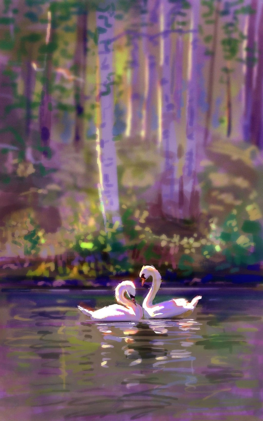 White swans float on a reflective lake within a misty purple forest during a serene fantasy evening.