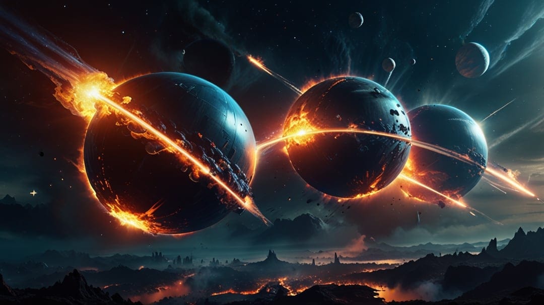 Shattering planets collide in deep space with orange fiery explosions and molten debris against dark nebulae.