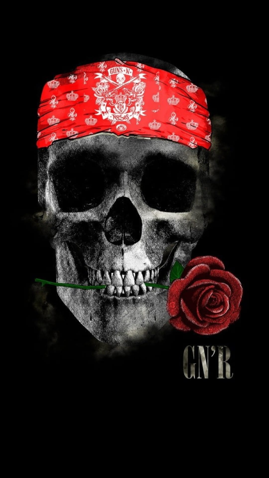 Skull with a red bandana and a red rose in its teeth against a dark background with subtle band logo details.
