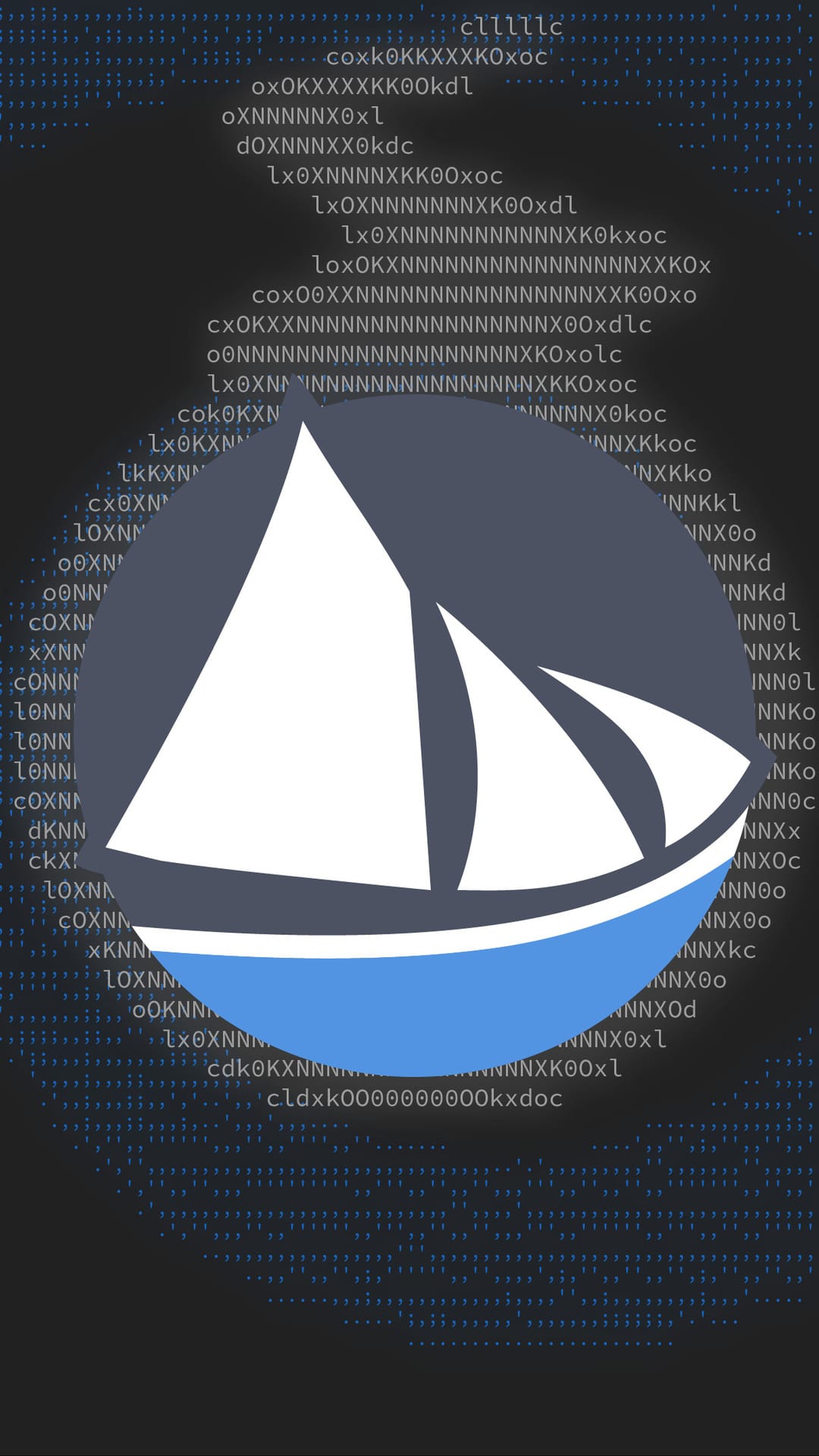 White sailboat logo above blue water ripples against a dark background of scrolling digital computer code text.