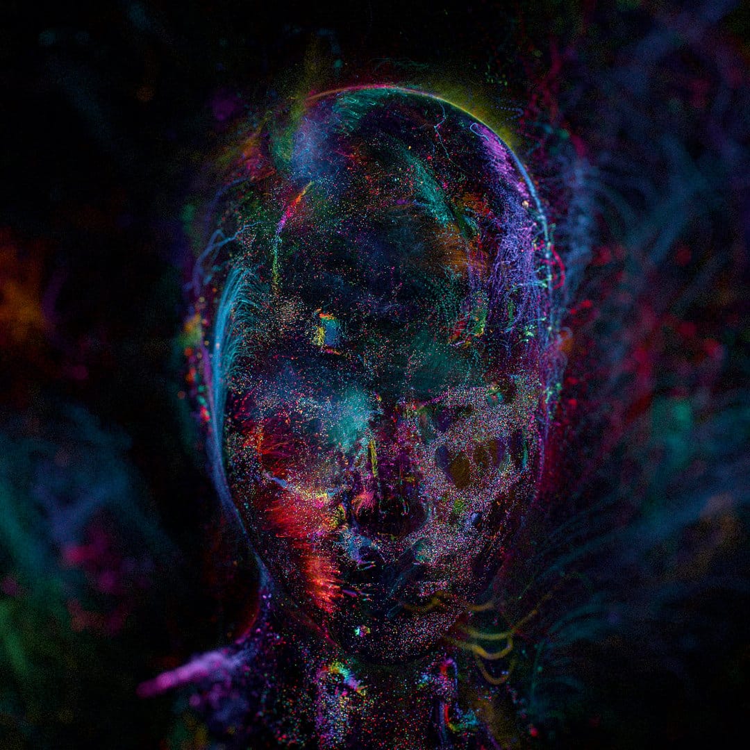 Human head silhouette formed from glowing blue, red, and purple particles swirling in a dark, empty space.