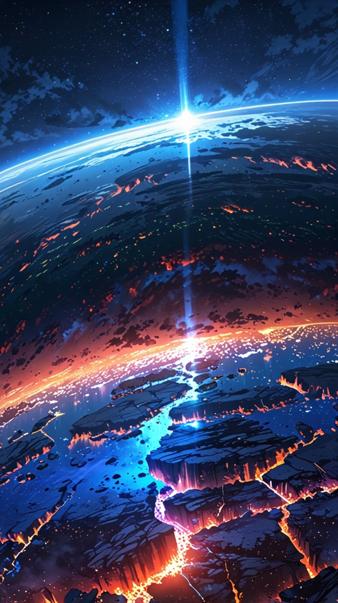 Planet Earth viewed from space featuring glowing orange lava rivers and a bright blue beam of light into orbit.