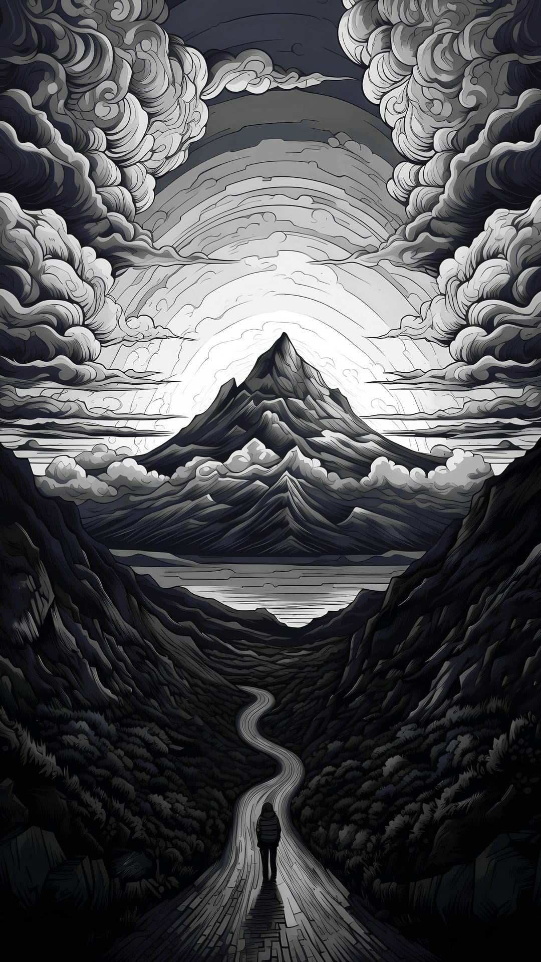 Lone person walks a winding valley path toward a glowing mountain peak beneath a heavy and dramatic cloudy sky.