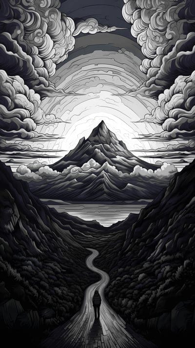 people,road,mountains,clouds,dark,art