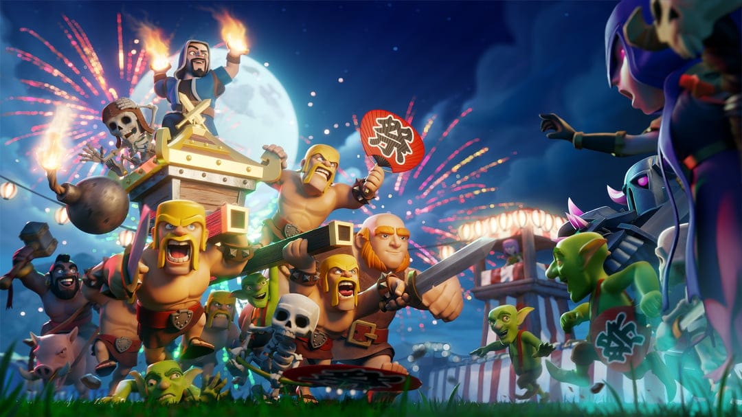 Characters celebrate a night festival with a shrine and fireworks under a full moon in a cinematic game scene.
