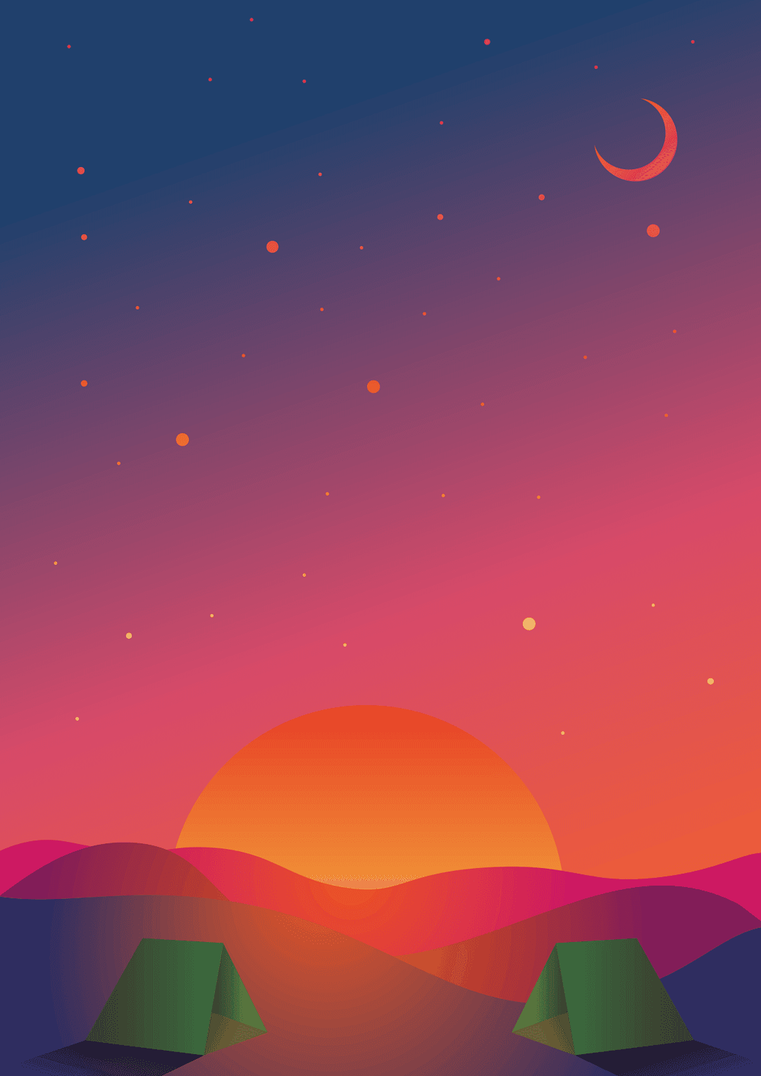 Two green tents sit on desert dunes below a large orange setting sun, a crescent moon, and bright orange stars.