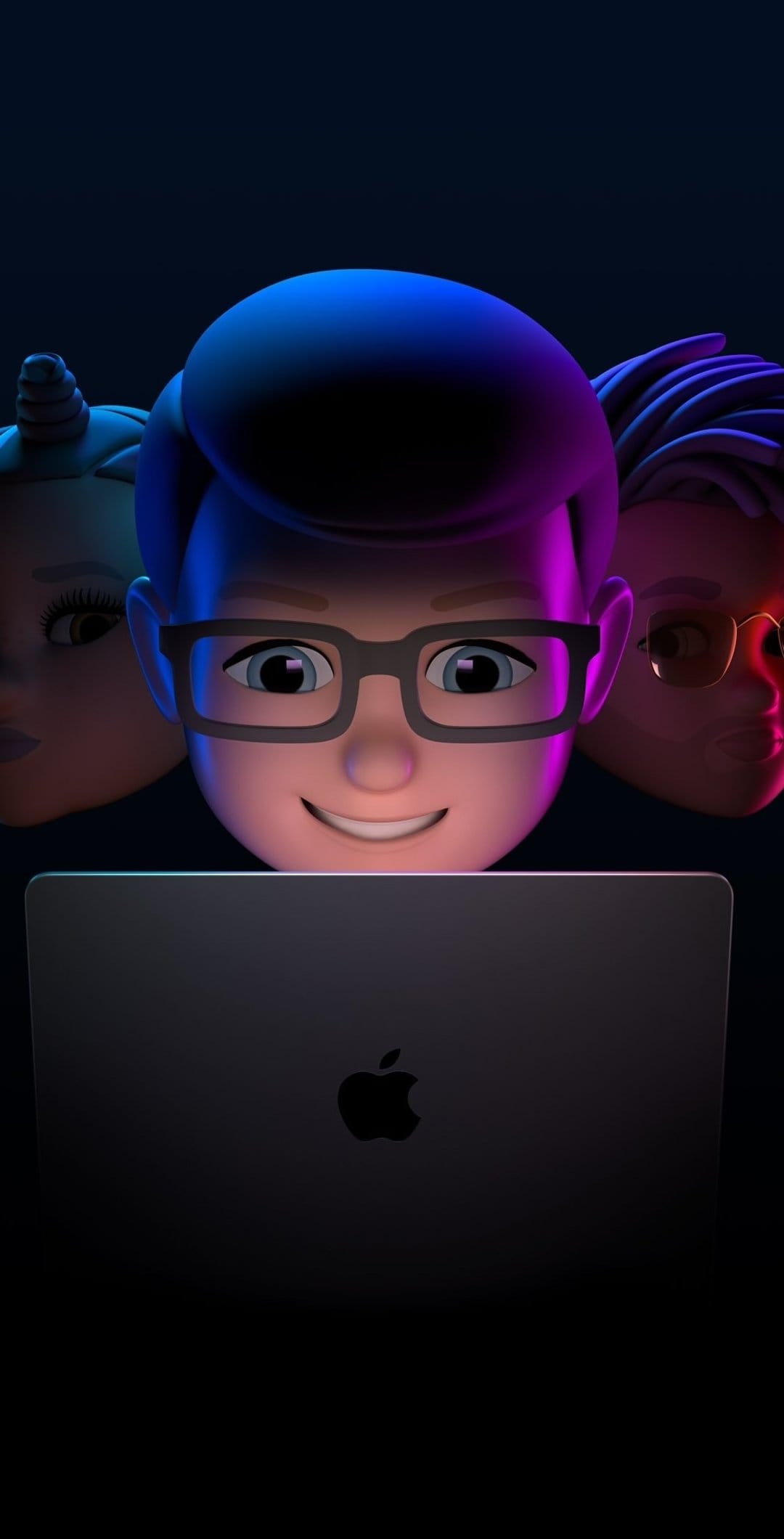 Three Memoji characters collaborate on a glowing laptop bathed in electric blue and violet neon lighting.