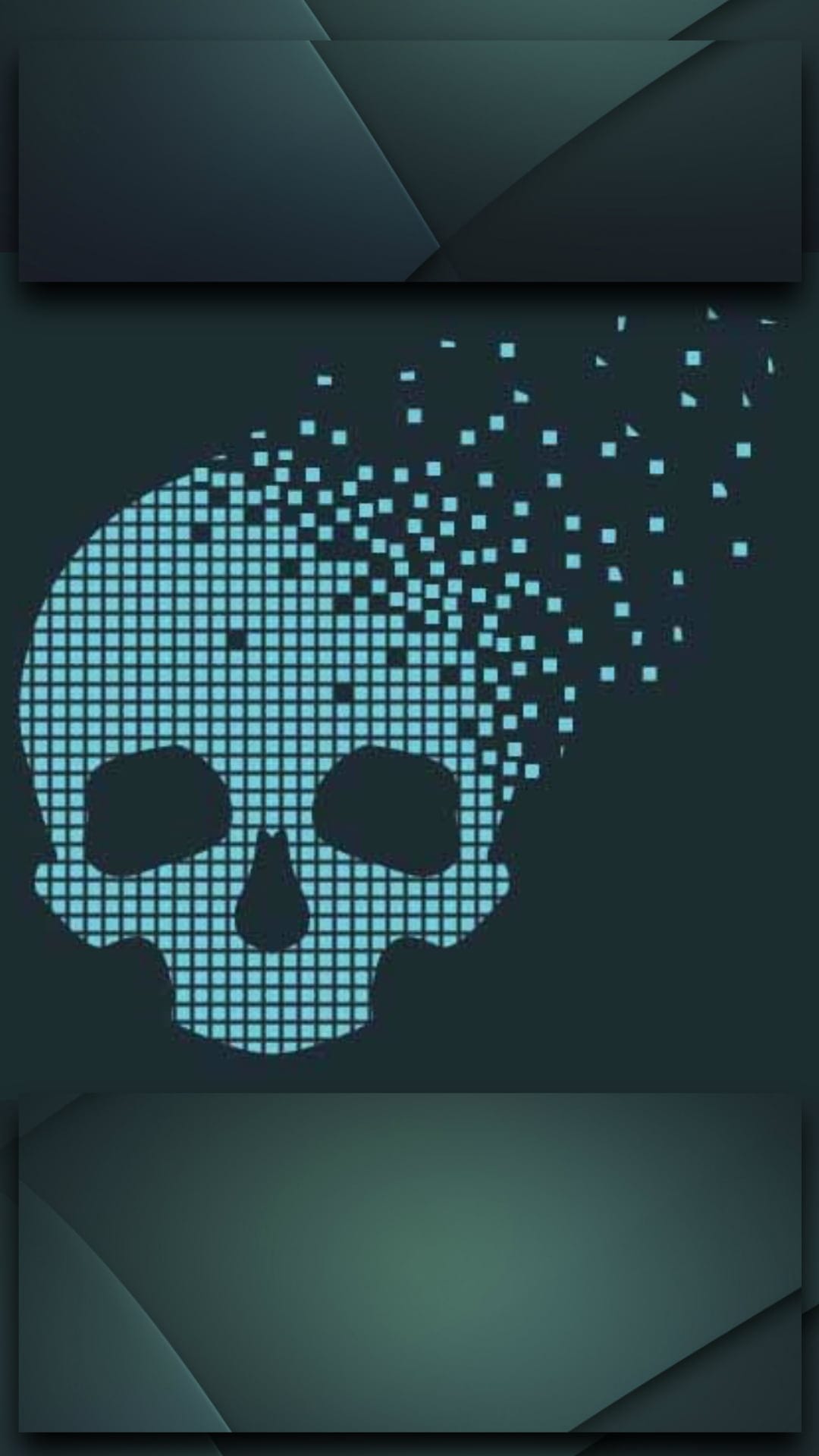 Cyan pixelated skull fragmenting into small squares against a dark teal background with geometric overlays.