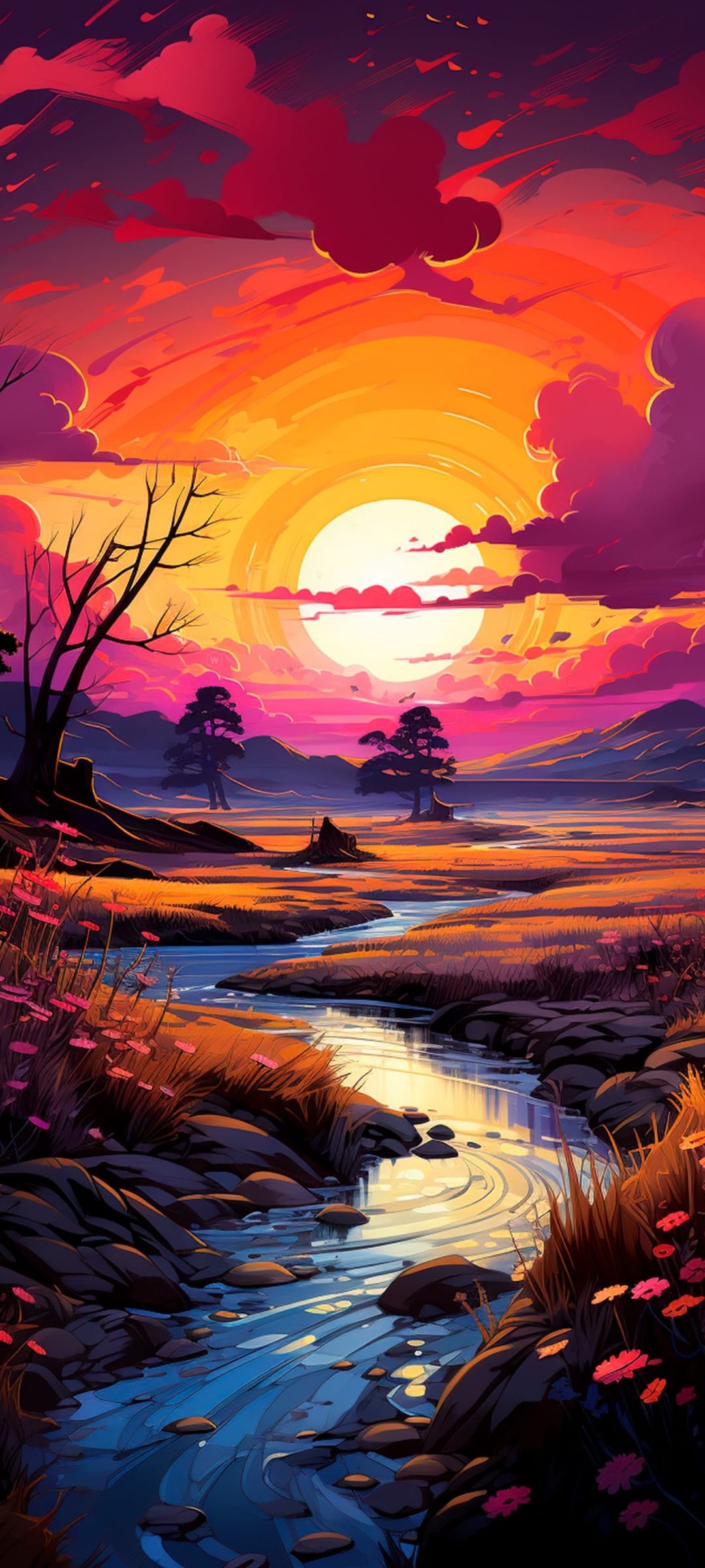 Winding river flows through hills under a glowing orange sunset sky with dark tree silhouettes on the banks.