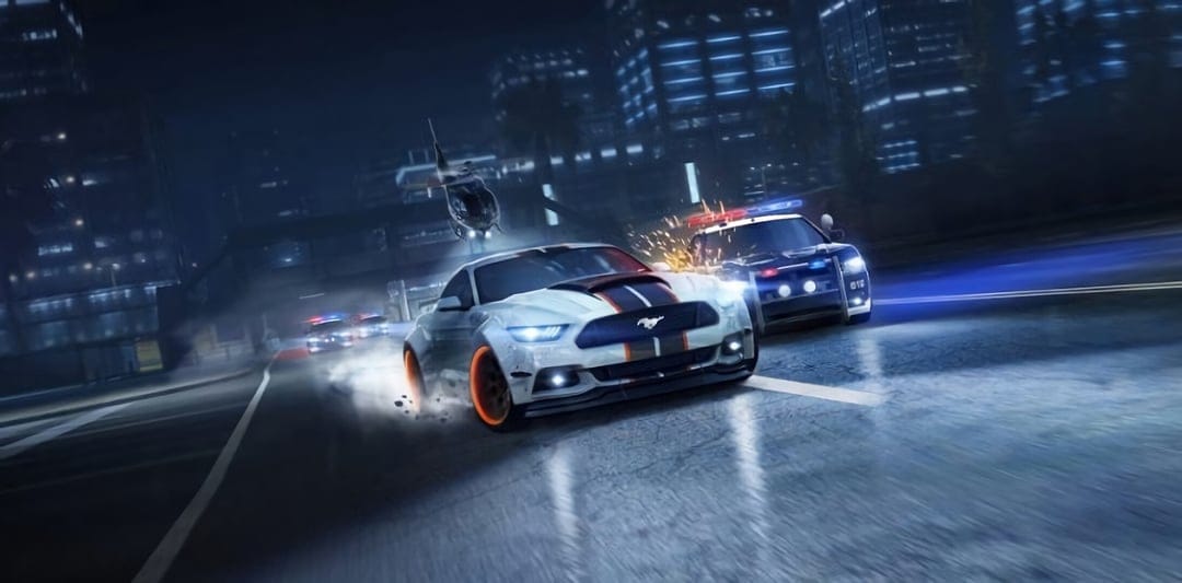 White muscle car with orange wheels being chased by police cars and a helicopter in a city at night with sparks.