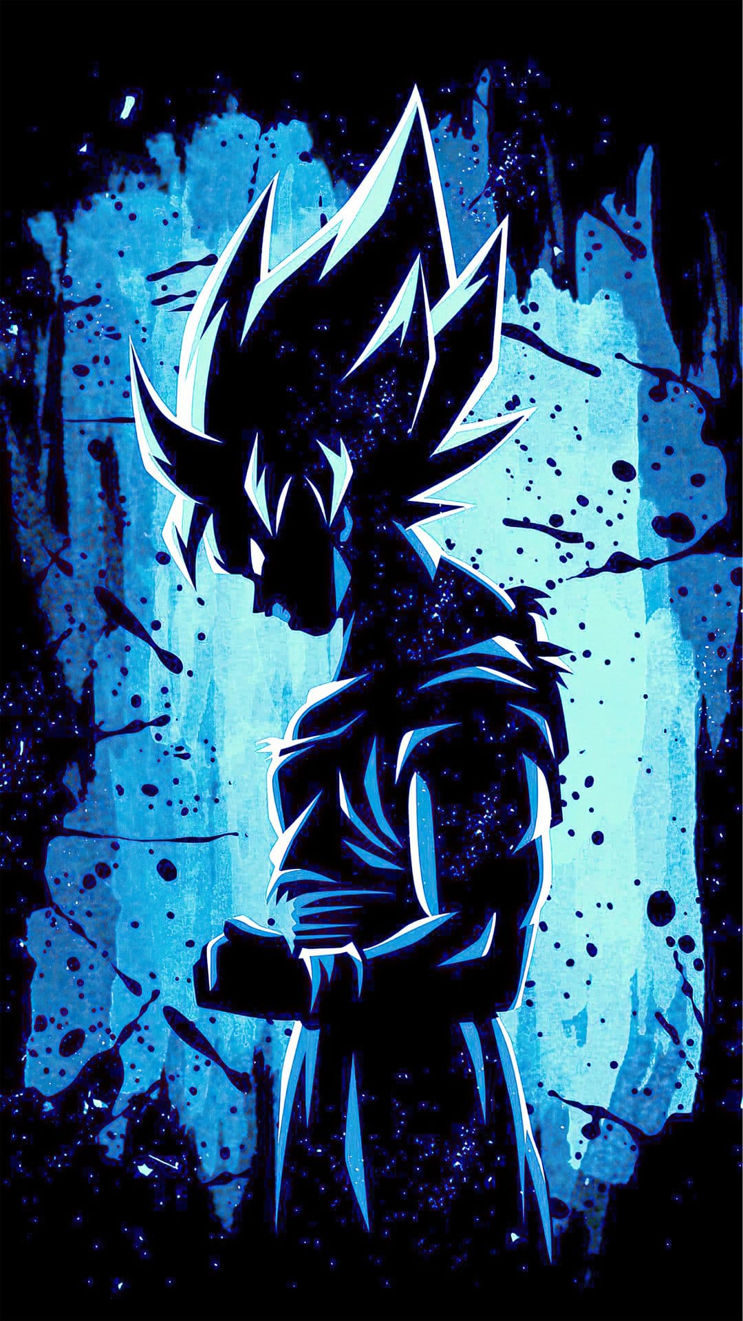 Goku in a glowing blue Ultra Instinct silhouette stands against a dark background with radiant cyan light energy.