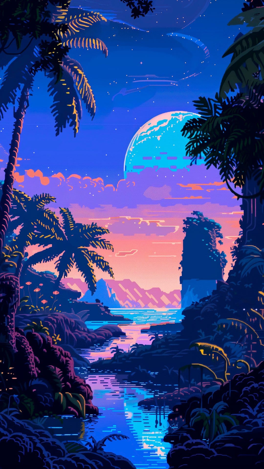 A giant glowing moon rises over a winding river and silhouetted palm trees in a vibrant pixelated night landscape.