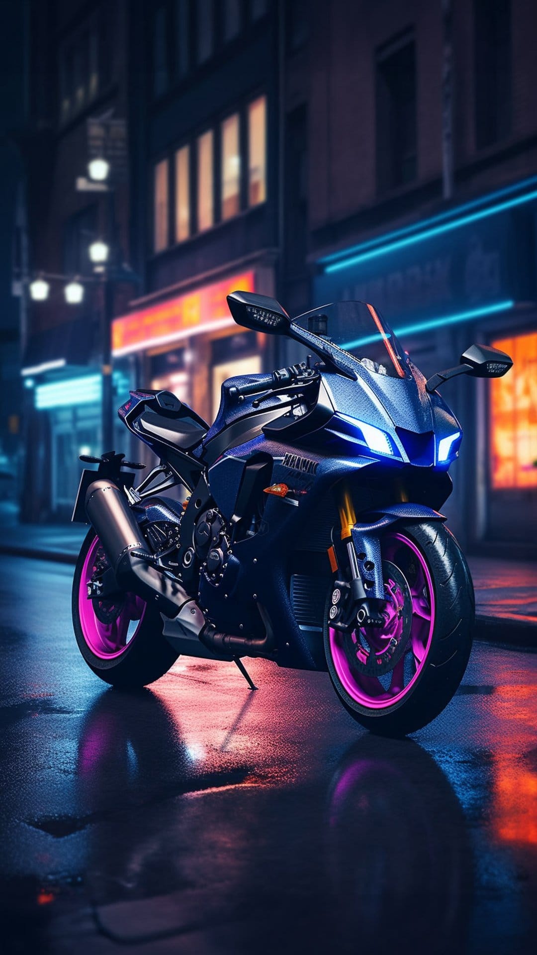 Blue Yamaha motorcycle with neon pink wheels parked on a wet asphalt street under glowing city night lights.