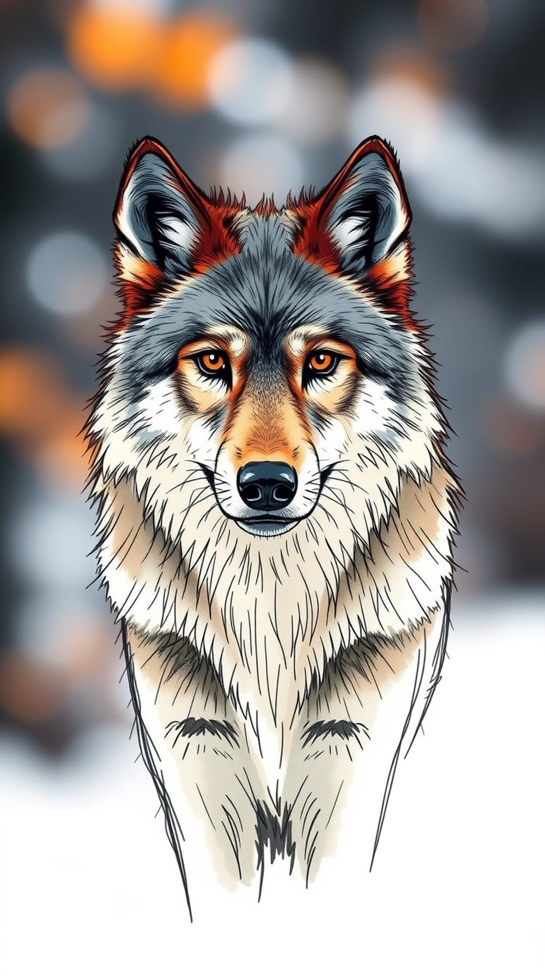Wolf face with amber eyes and detailed grey fur set against a blurred orange and grey autumn bokeh background.