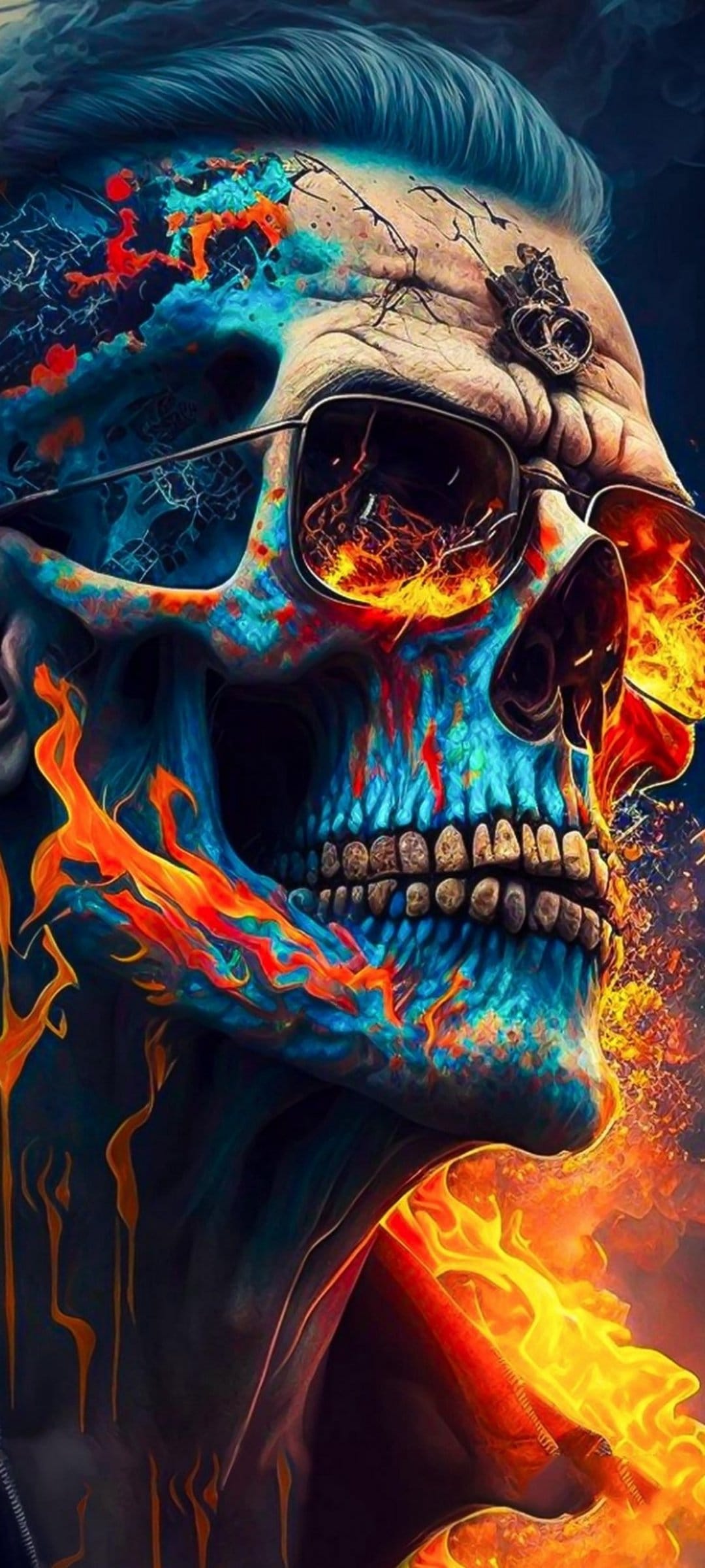 Flaming skull wearing black sunglasses with a spiked blue mohawk amidst orange and red inferno wisps.