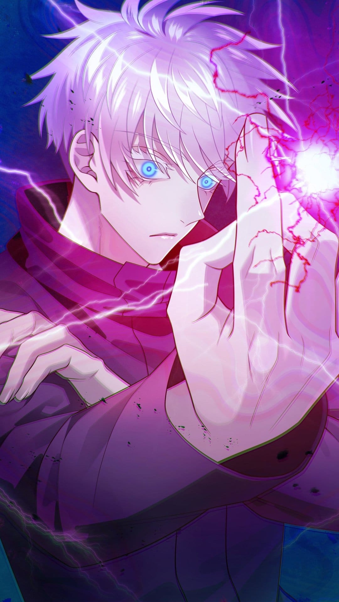 Satoru Gojo with glowing blue eyes and white hair controls swirling purple energy against a dark backdrop.