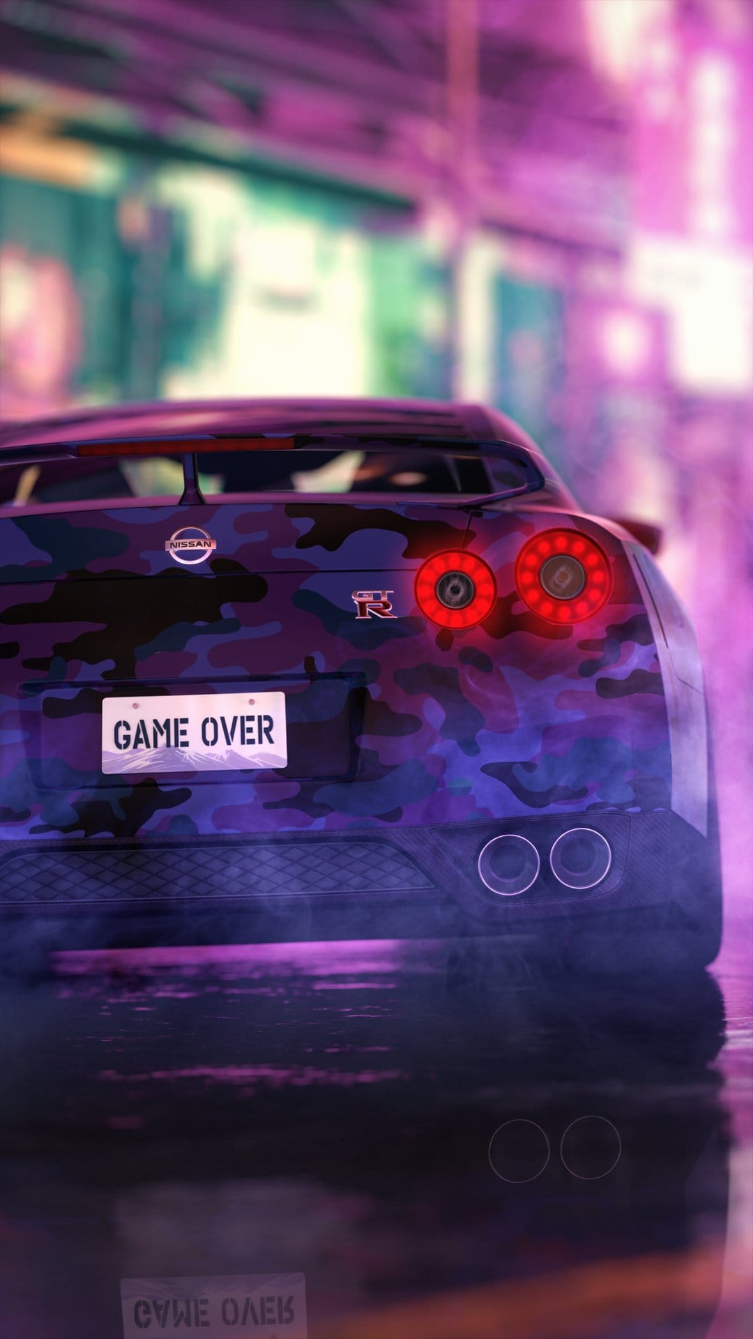 Nissan GT-R with purple camo wrap and GAME OVER license plate parked on a wet, neon-lit urban street at night.