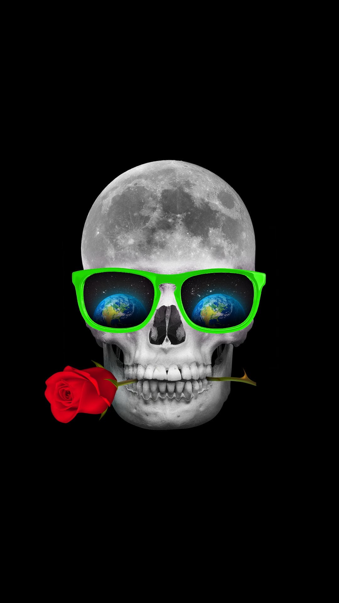 Human skull with a cratered moon head and green sunglasses reflecting Earth holds a red rose in its teeth.