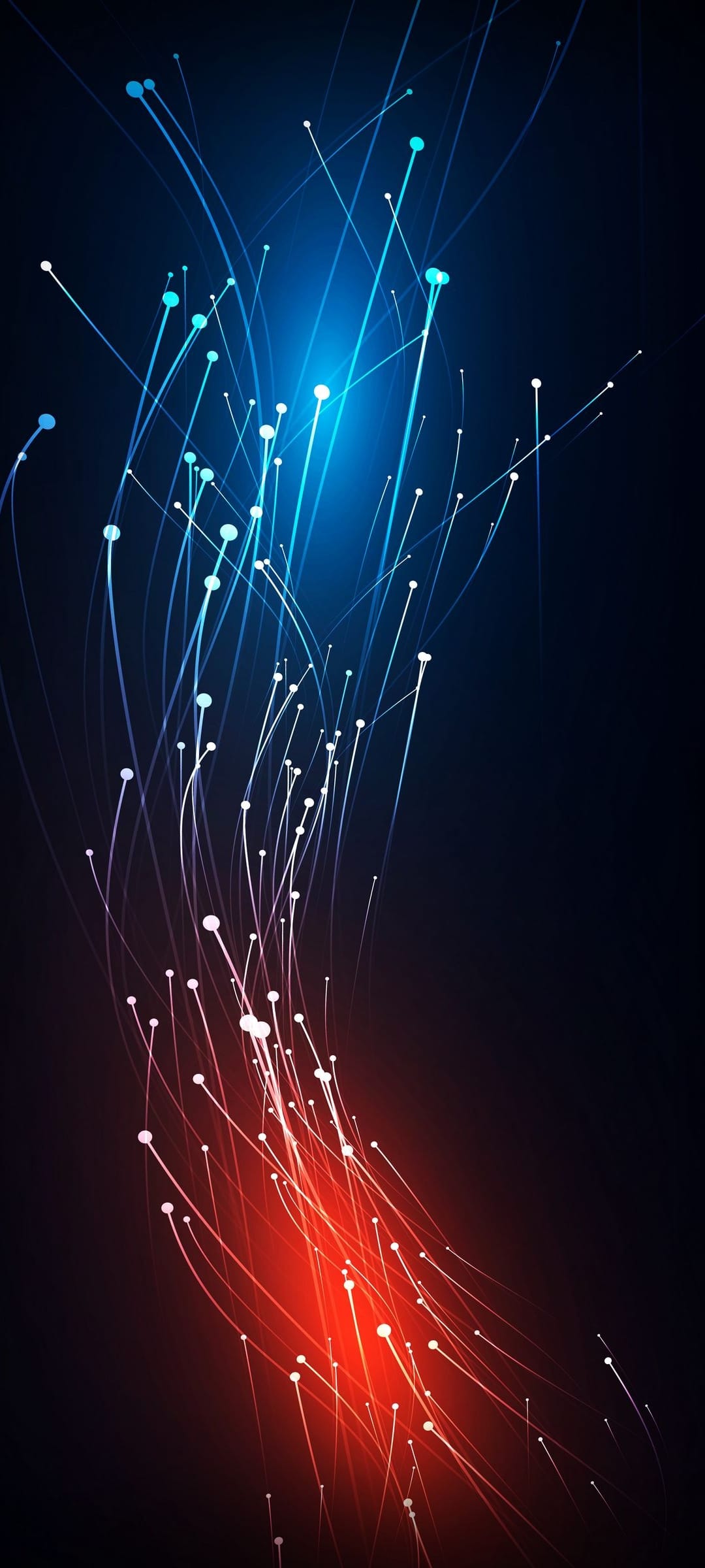 Electric blue and red light trails flow vertically over a black background with glowing floating particles.