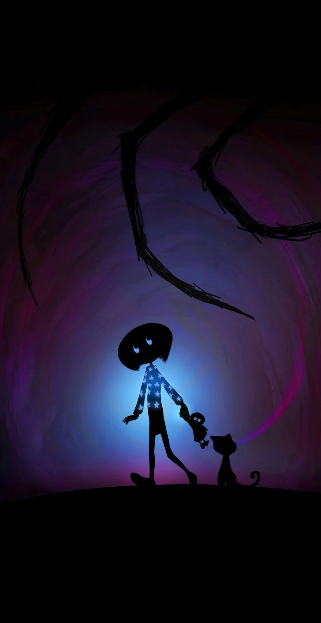 Child in star-patterned clothes stands with a cat silhouette against a purple and blue gradient night sky.