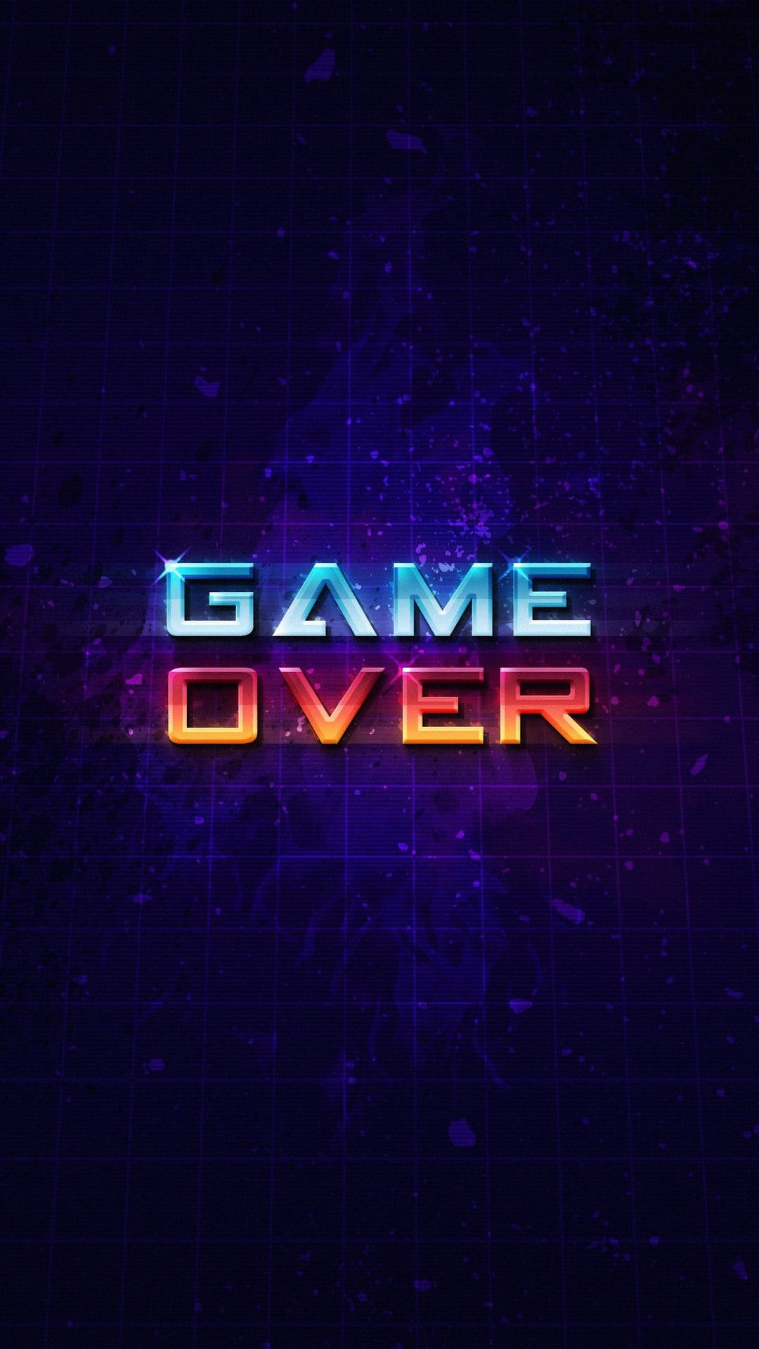 Game Over neon text in cyan and red glowing over a purple perspective grid with subtle vintage grunge textures.