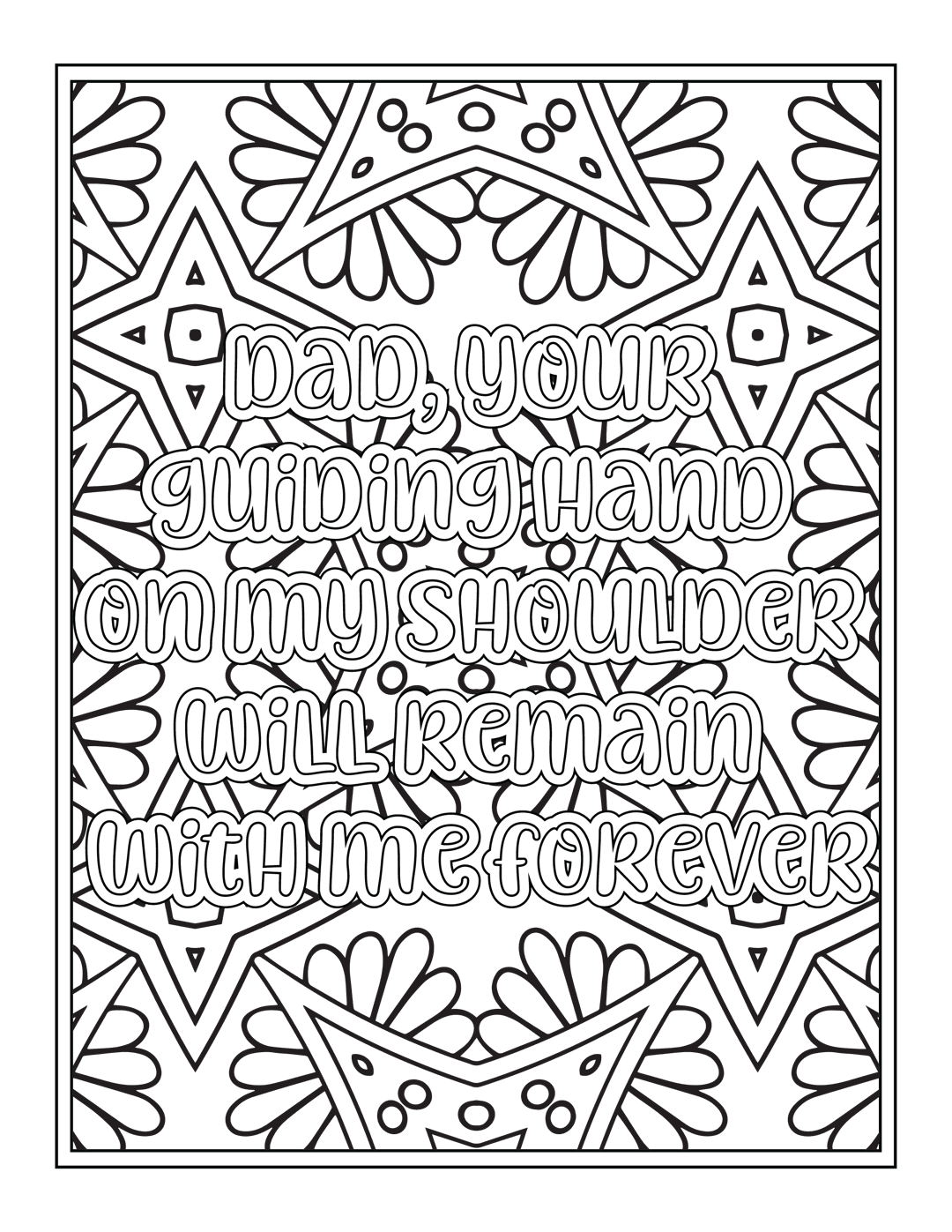 Fatherhood memorial typography featuring white outlined lettering over a dark geometric floral pattern background.