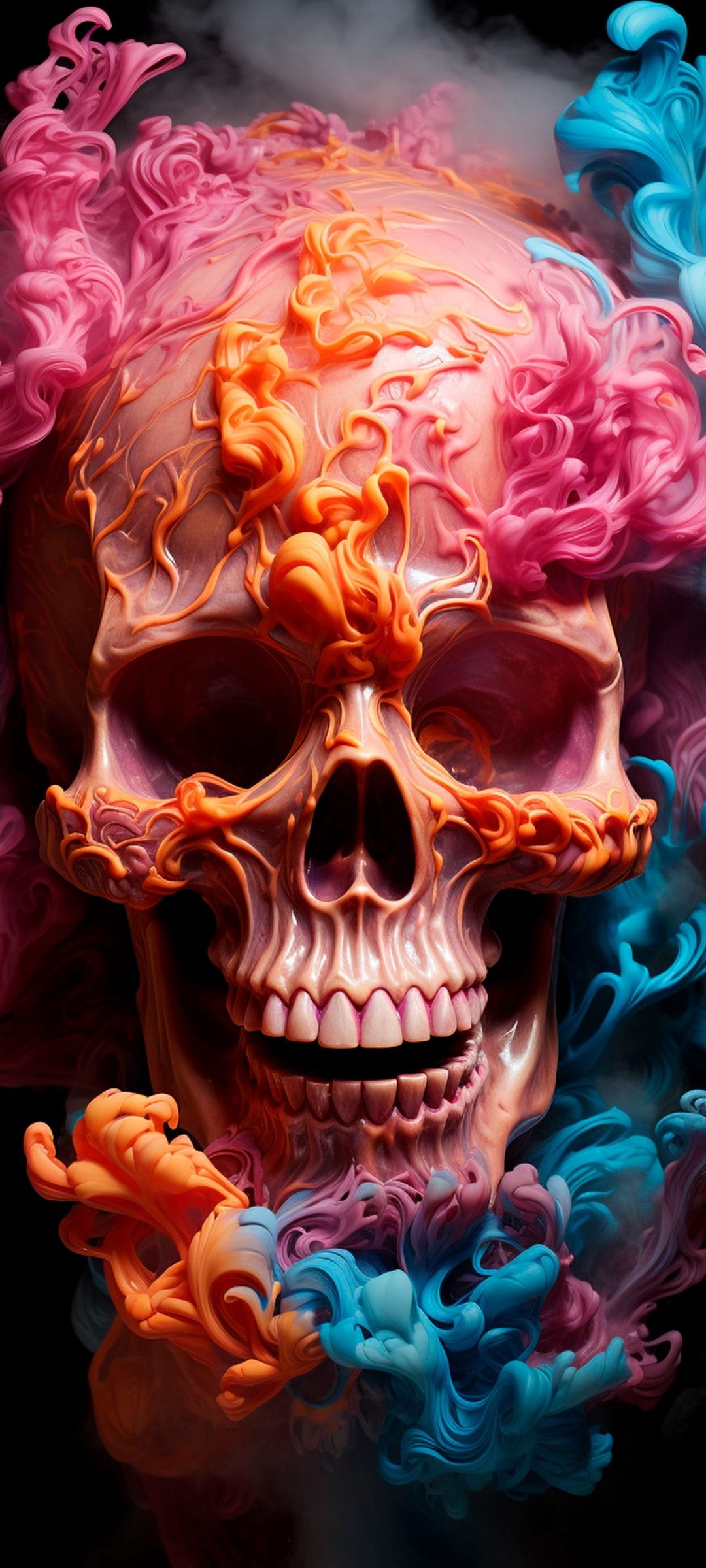 Bone skull centered amidst thick plumes of glowing pink, orange, and electric blue smoke on a dark background.