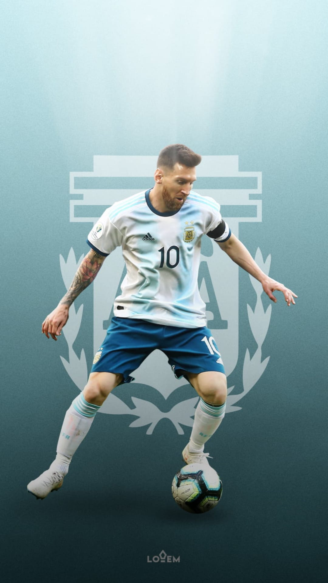 Lionel Messi in an Argentina jersey dribbles a soccer ball against a light blue gradient background with a crest.