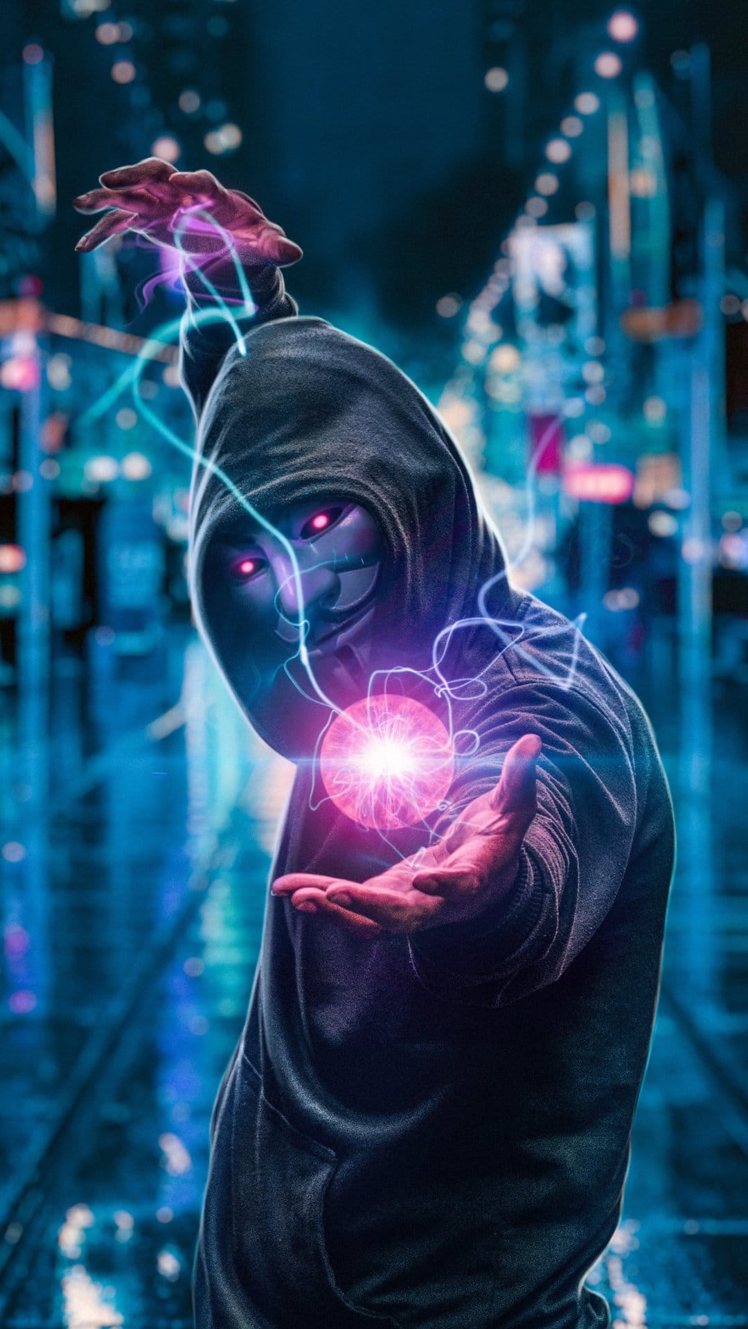 Hooded figure in a white mask holds a glowing pink orb amidst blue light trails in a night city scene.
