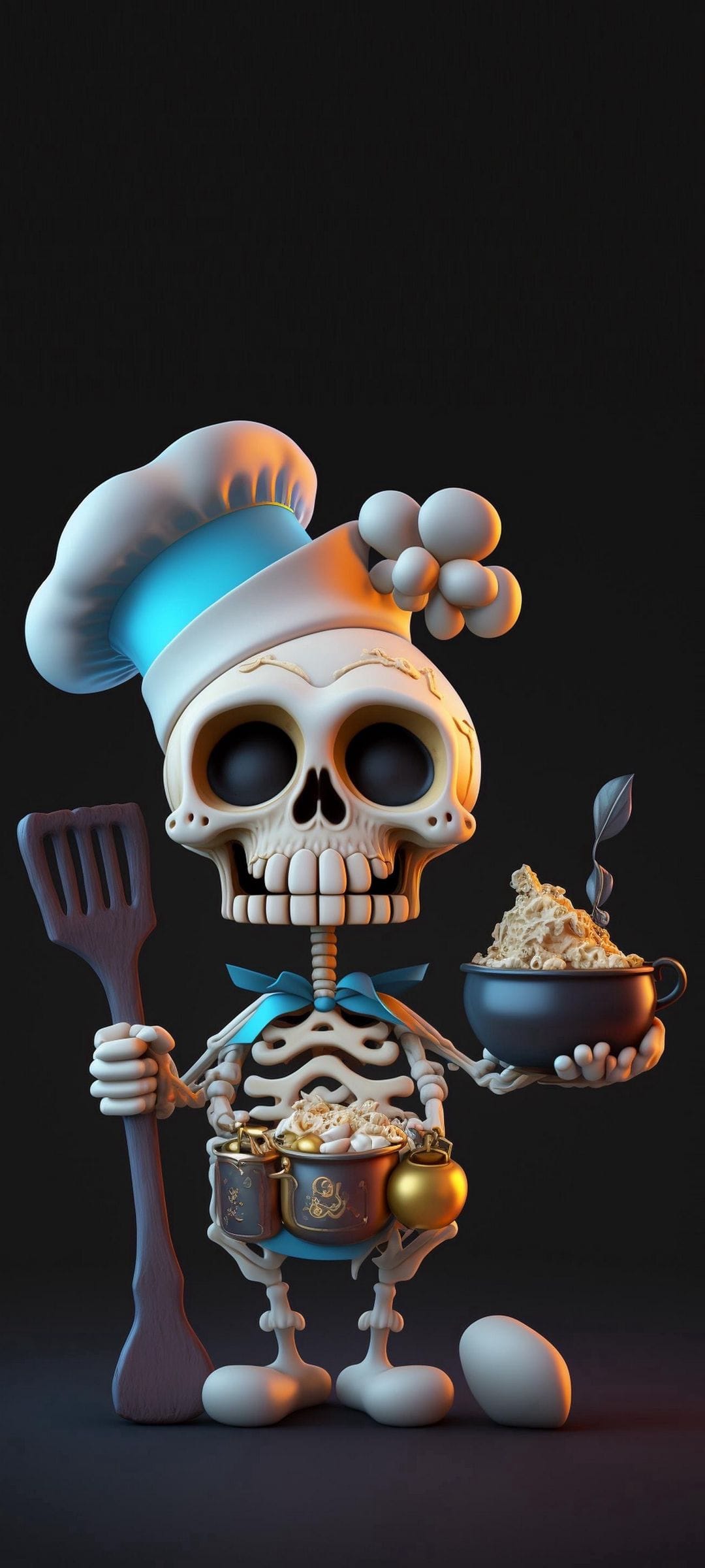 Skeleton cook in a tall white hat holds a bowl of popcorn and a spatula against a dark, moody background.