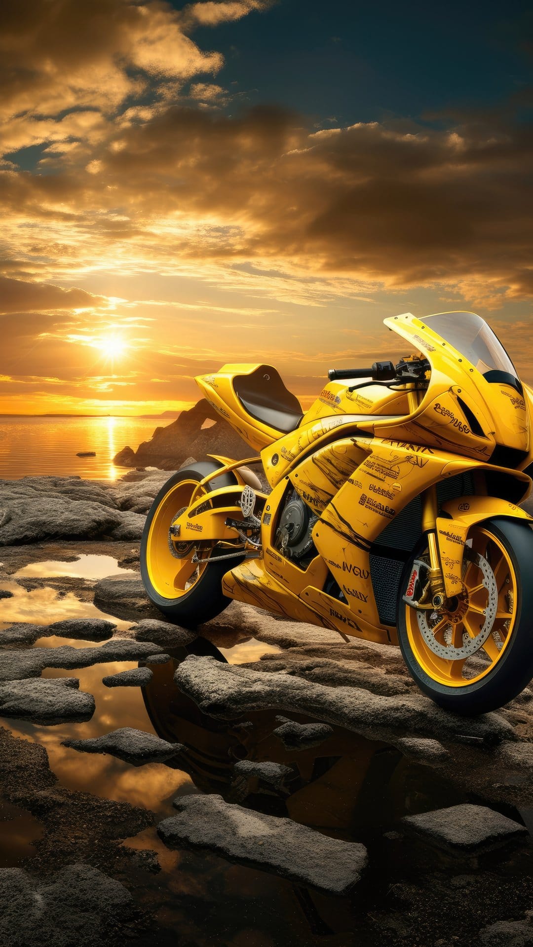 Yellow superbike parked on coastal rocks during a golden sunset with heavy clouds and a calm ocean background.