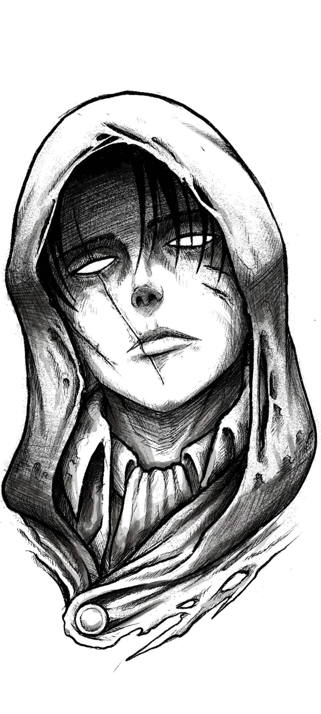 Hooded man with facial scars and an intense gaze framed by deep shadows and heavy black line work.