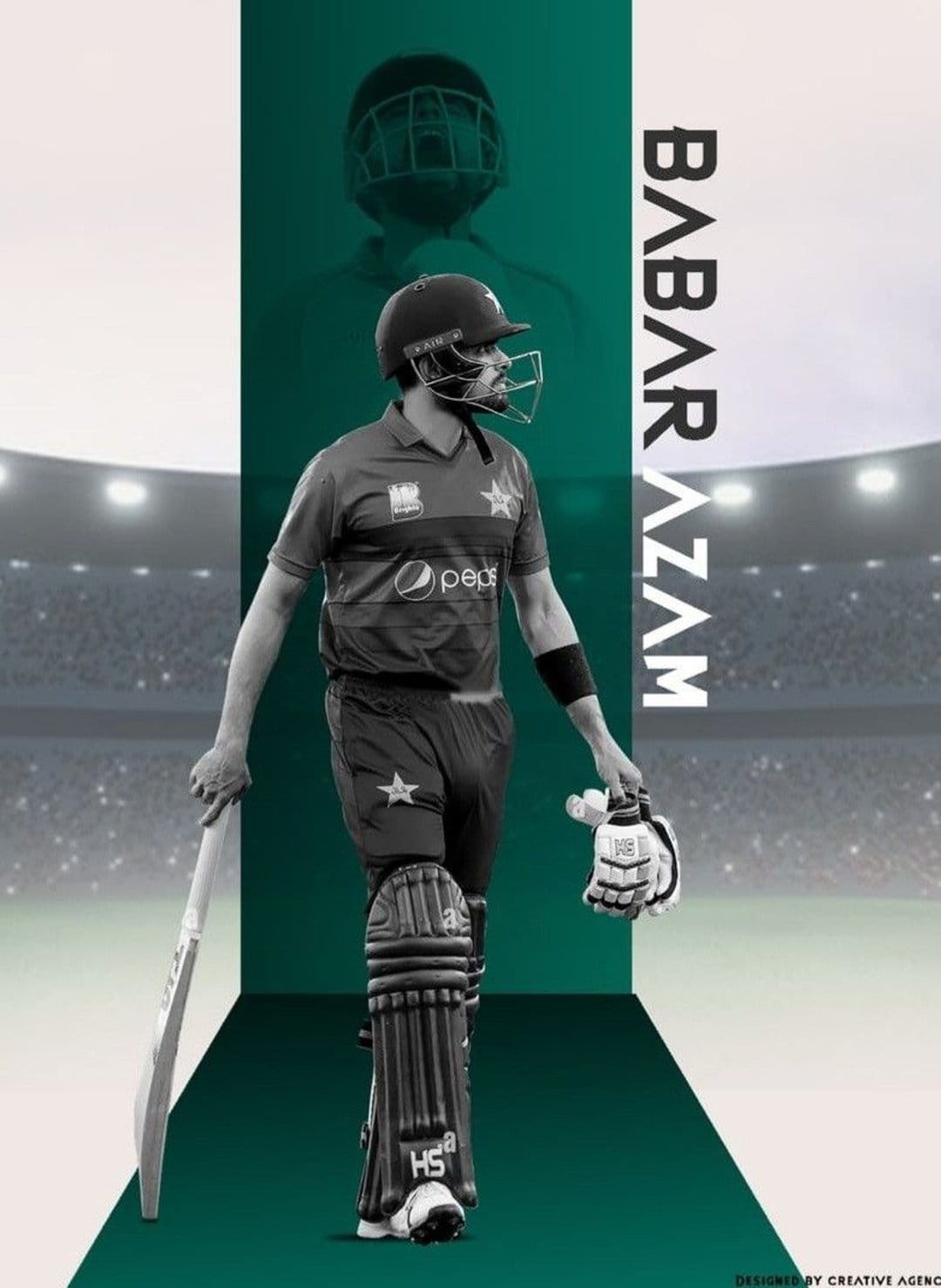 Babar Azam wearing a helmet and holding a cricket bat against a green and white textured split stadium background.