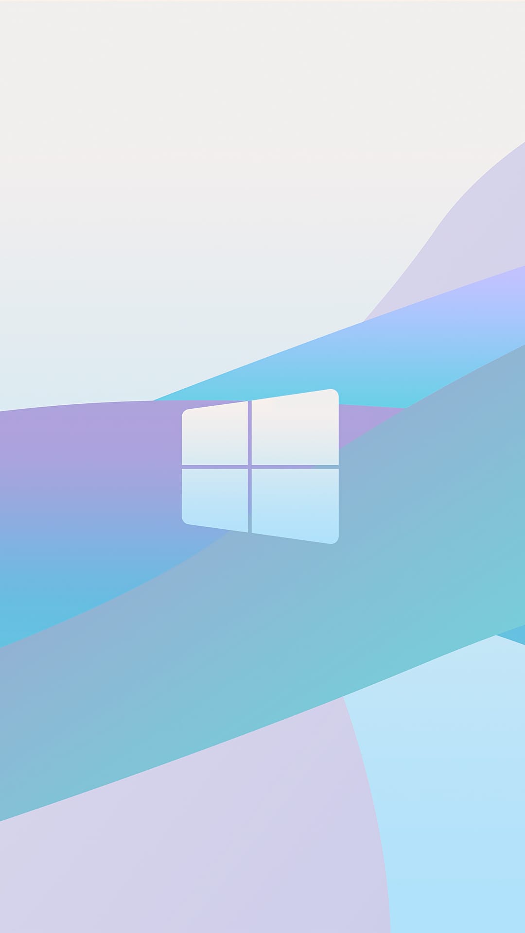 Windows logo centered on a flowing abstract background of soft blue, purple, and white pastel gradient swirls.