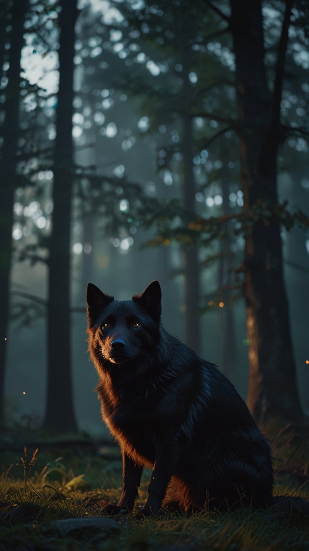 Black wolf with piercing eyes sits in a misty woodland filled with floating embers and towering ancient trees.