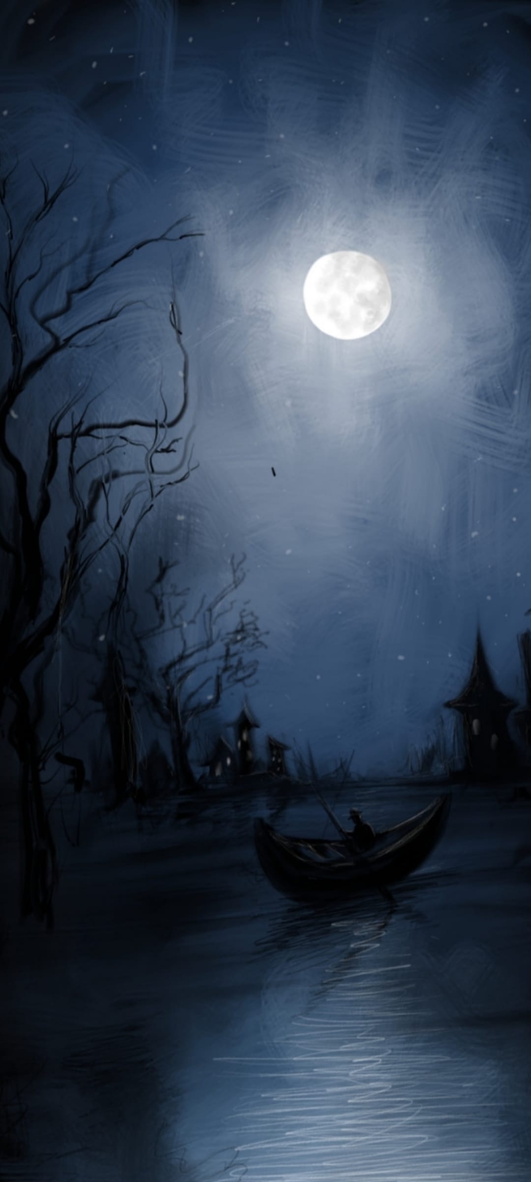 Lone figure rows a boat across moonlit dark water past skeletal trees and gothic buildings under a full moon.