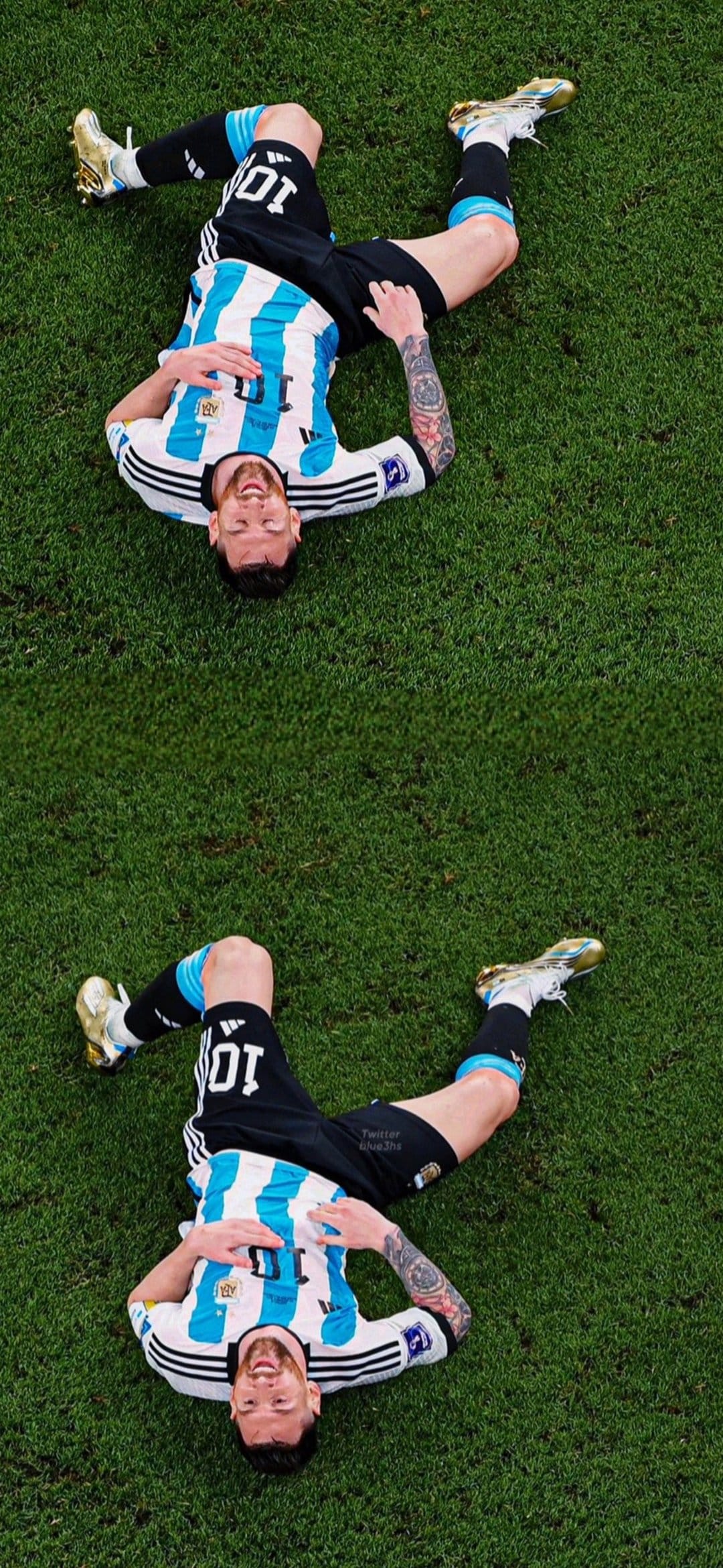 Lionel Messi lying on green grass wearing the Argentina jersey with his arms spread in a victory celebration.