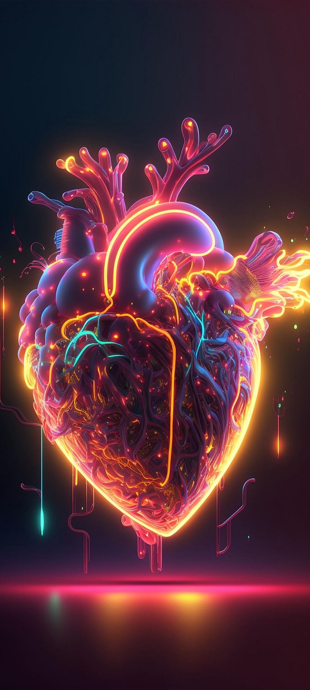 Anatomical heart composed of glowing pink and blue circuit lines on a dark background with floating particles.