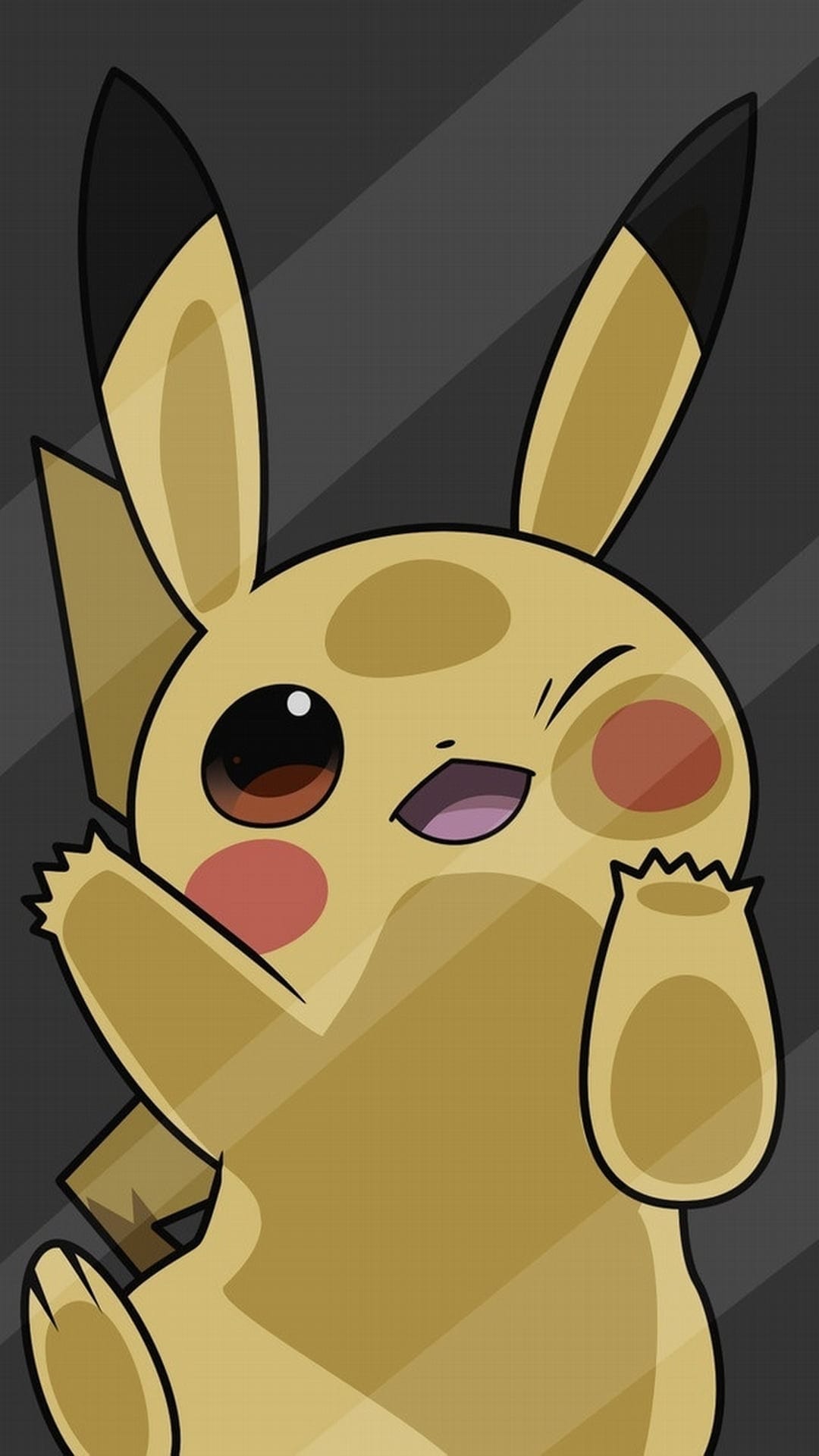 Pikachu winks and waves a paw against a dark background with diagonal stripes for a vertical mobile screen.
