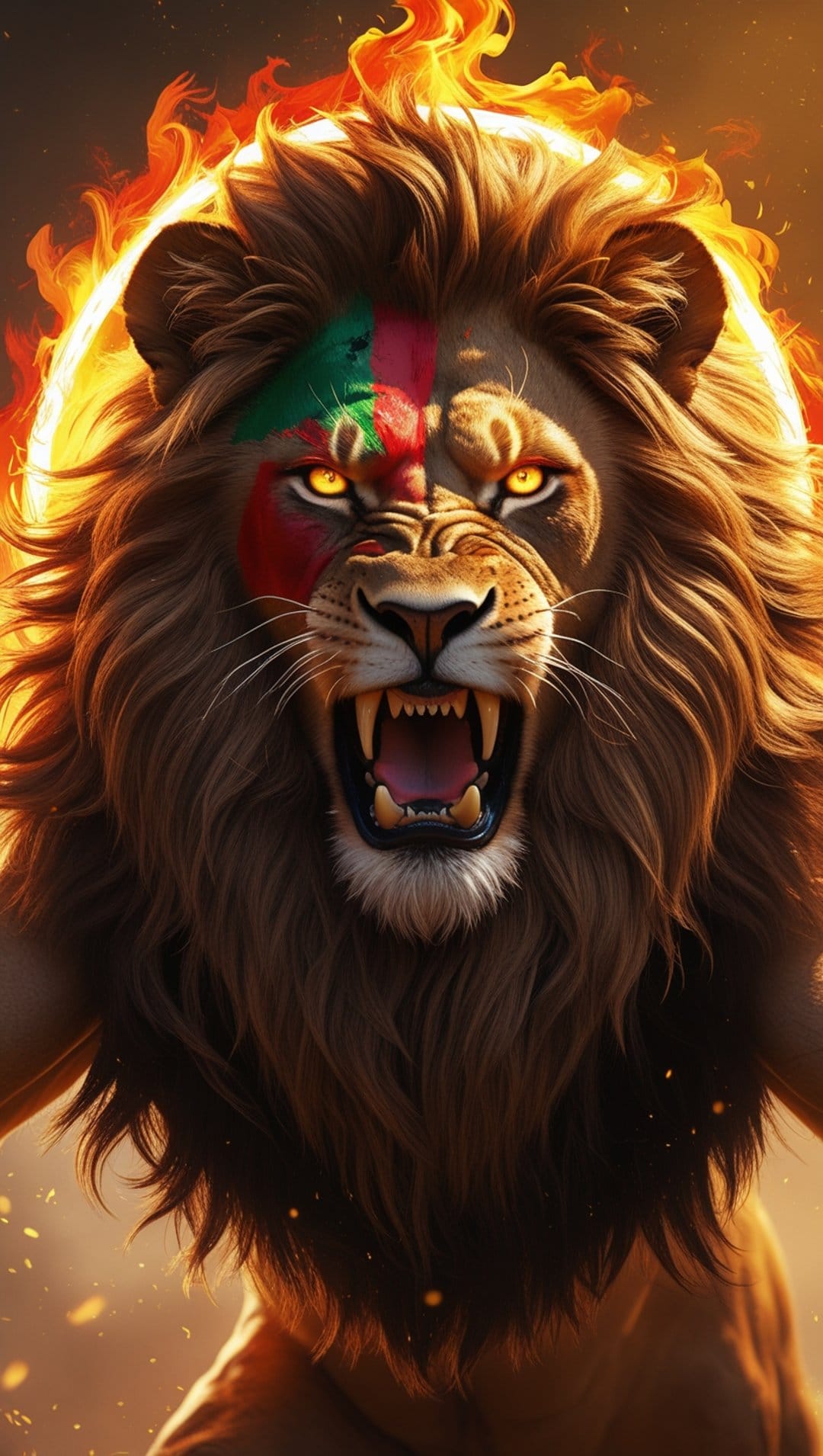 Lion with red and green face paint roars while encircled by a bright ring of fire against an orange background.