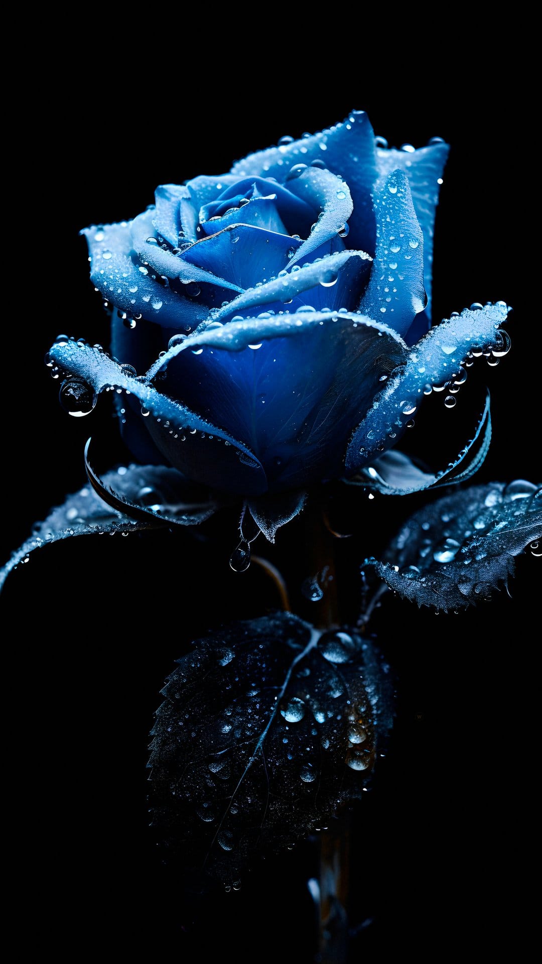 Blue rose with clear water droplets on velvety petals against a solid black background in a close-up macro view.